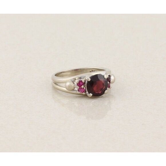 14k White Gold Natural Garnet And Lab Created Ruby Ring Size 6 1/4 - Picture 3 of 7